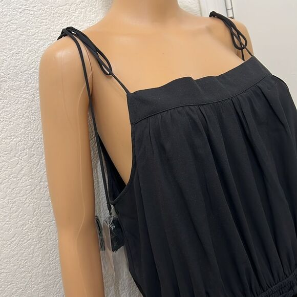 LOFT Black Maxi Dress Sz Large Adjustable Tie Strap Elastic Waist Tassel Straps - Picture 3 of 15